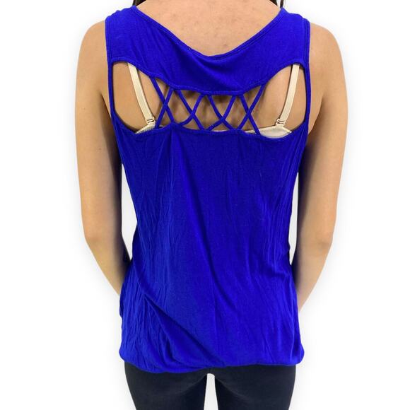 E&M Blue Sleeveless Scoop Neck Lattice Back Tank Top Blouse - Picture 3 of 6